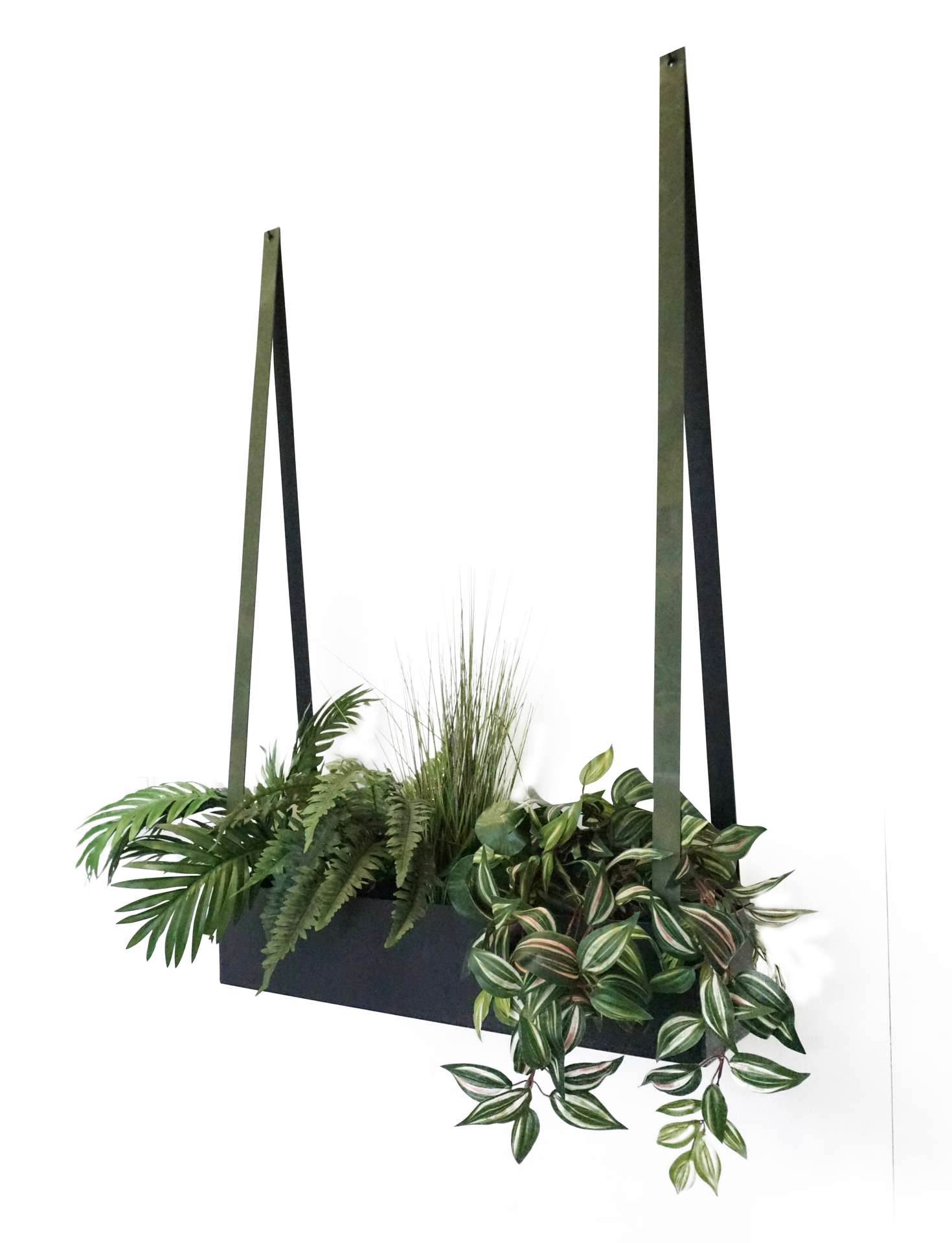 Plantenbak aan leren banden (Zwart staal) Producten Loods 5